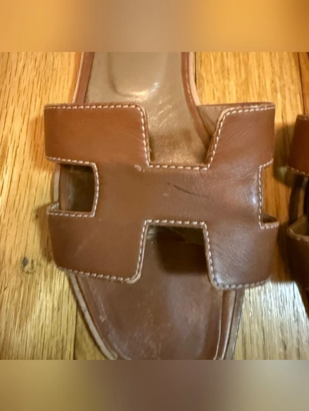 Hermes Oran Brown Leather Slide Sandals - Picture 2 of 9